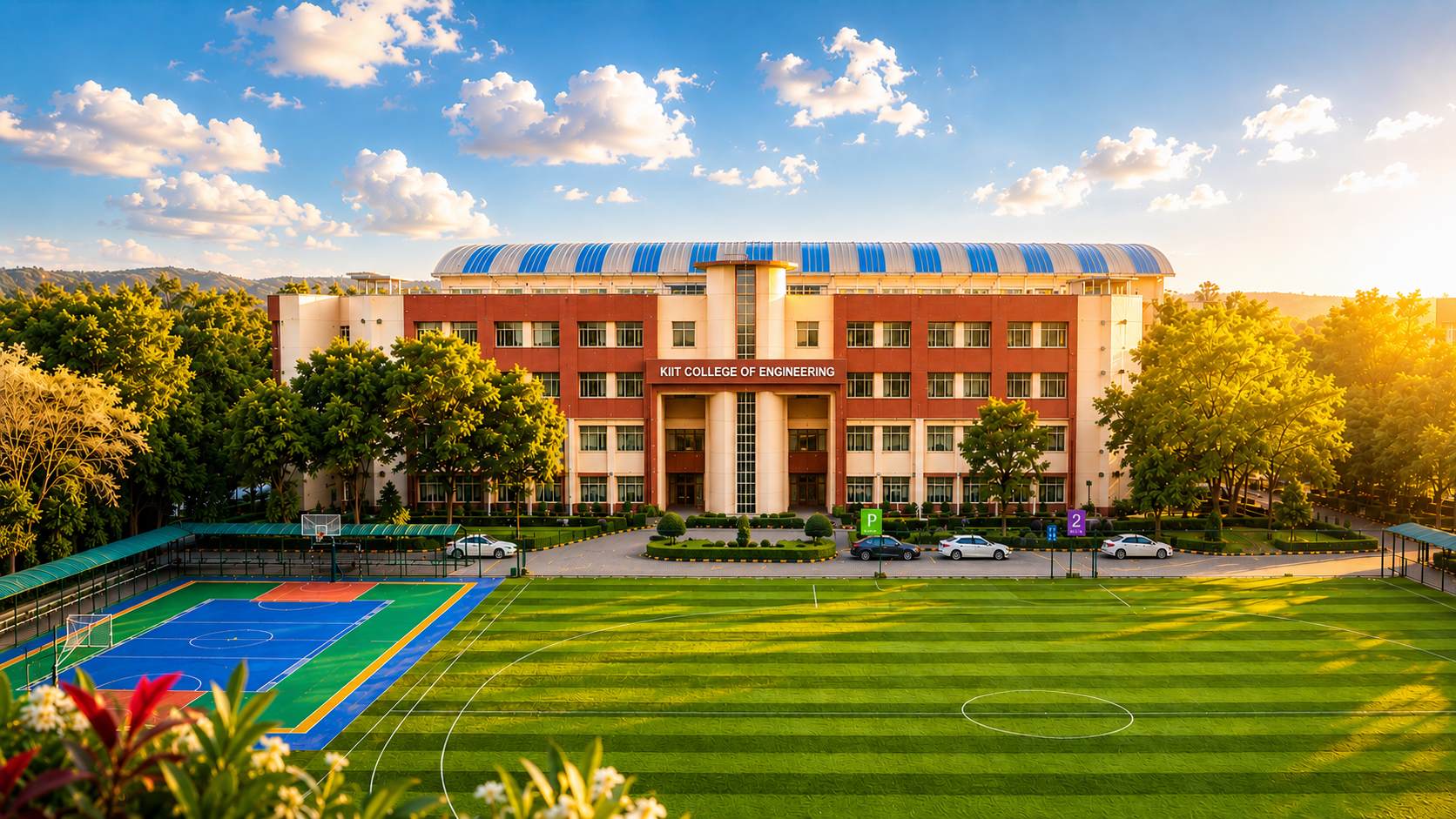 Green K-IIT campus with sports grounds and lawns